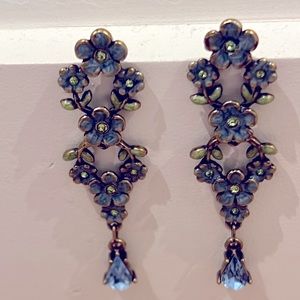Blue and green flower drop earrings with green diamanté flower center